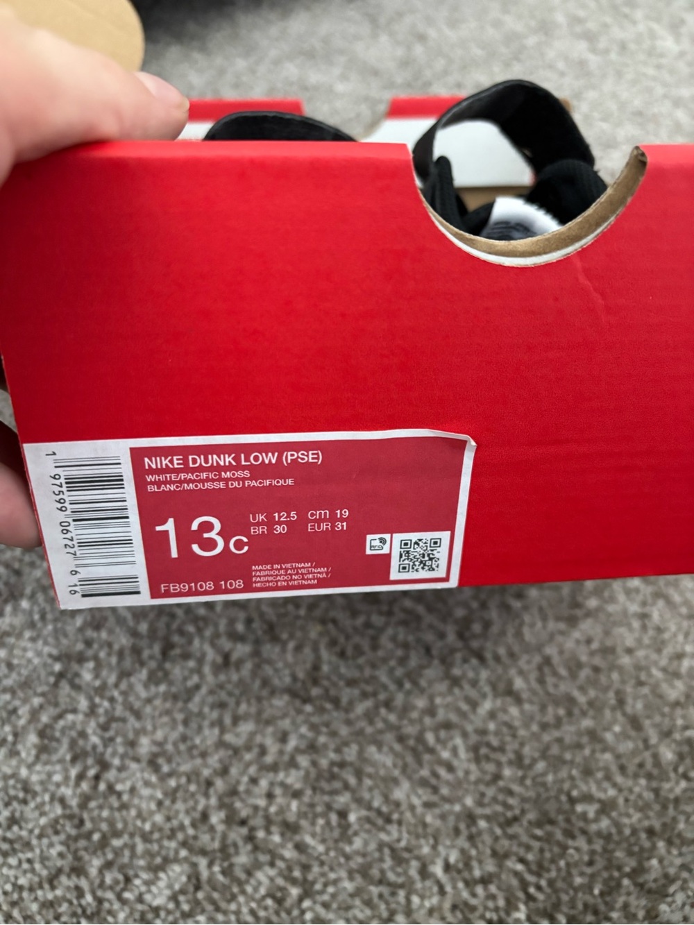 Nike Dunk Low White/Pacific Moss Kids 13C Box Label